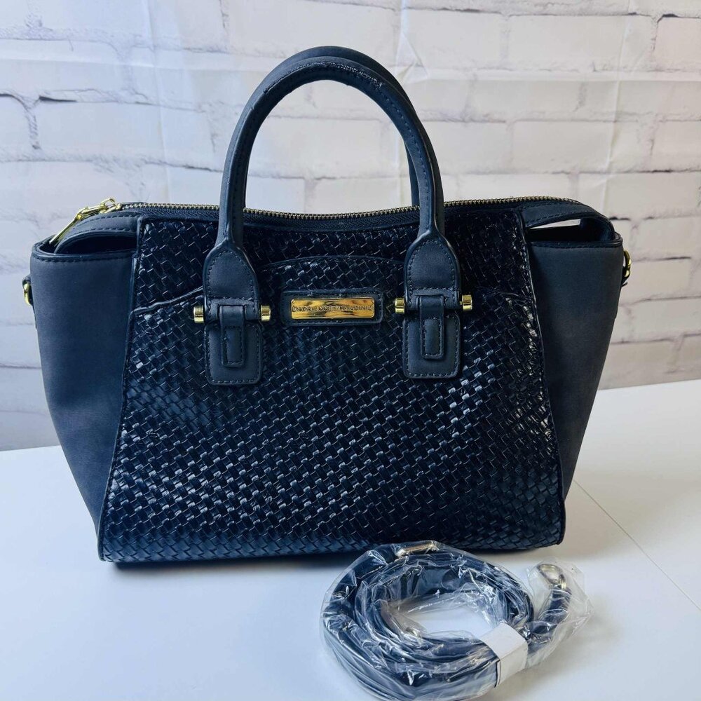 Adrienne Vittadini Black Woven Satchel Handbag with Gold Hardware